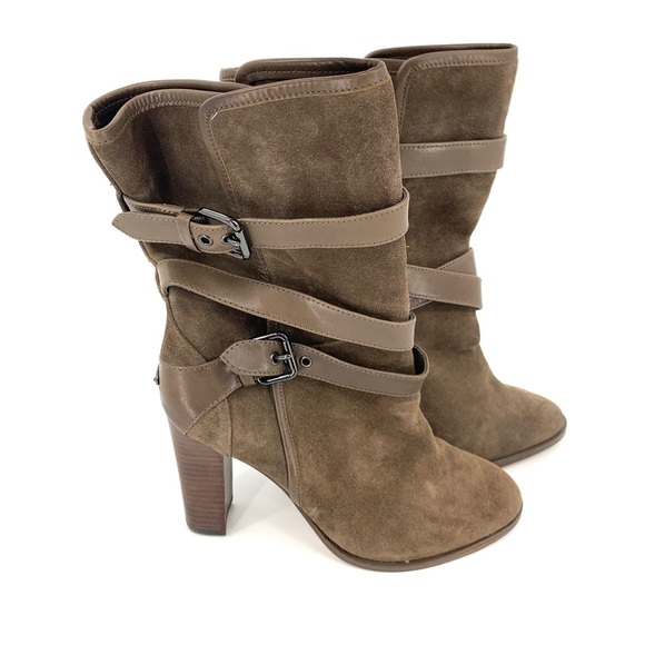 Coach Alexandra Tan Suede Buckle Heel Boots Size 6.5 - Picture 1 of 14